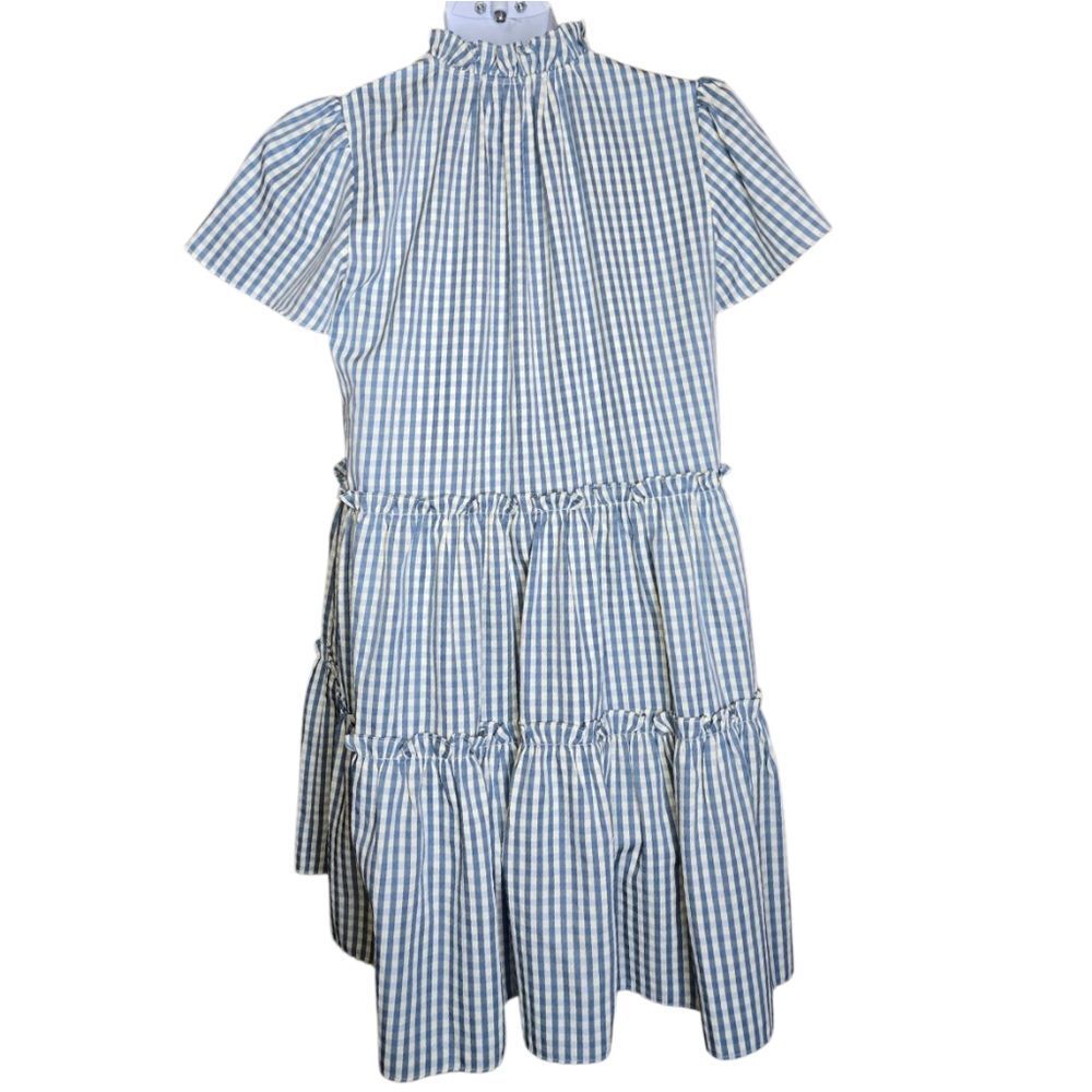 WYATT WYLDE Chime blue gingham plaid tiered ruffle kawaii swing‎ dress L - Picture 4 of 12